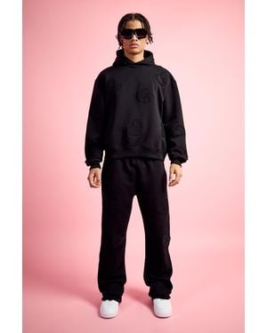 BoohooMAN Oversized Boxy All Over Heart Applique Tracksuit - Black