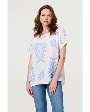 Izabel London Printed Short Sleeve Relaxed Blouse - White