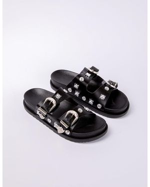 Blue Vanilla Buckle Detail Stud Sliders - White