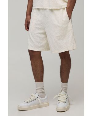 BoohooMAN Baggy Fit Bm Terry Towelling Jacquard Shorts - Natural