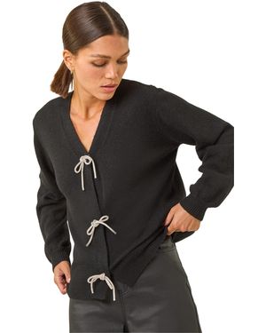 Roman Bow Embellished Knit Cardigan - Black