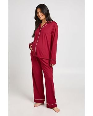Boohoo Matenity Piping Detail Long Sleeve Shirt & Trouser Pyjama Set - Red