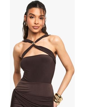 Boohoo Slinky Cross Over One Piece With Trim Detail - Brown