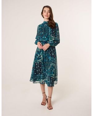 Blue Vanilla Watercolour Paisley Puffball High Neck Midi Dress - Blue