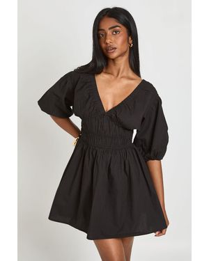 Boohoo Cotton Poplin Shirred Bodice V Neck Puff Sleeve Mini Dress - Black