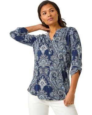 Roman Paisley Print Shoulder Pleat Shirt - Blue
