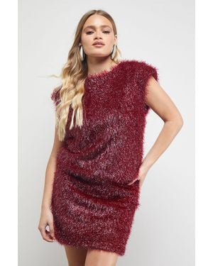 Warehouse Tinsel Fluffy Drop Waist Mini Dress - Red