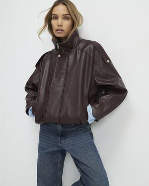 River Island Jacket Faux Leather Funnel Neck Batwing - Brown