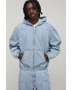 BoohooMAN Vintage Wash Western Denim Hoodie - Blue