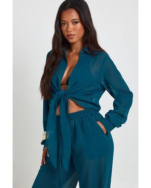 Boohoo Chiffon Tie Front Shirt - Blue