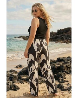 Roman Curve Leaf Print Stretch Trousers - Black