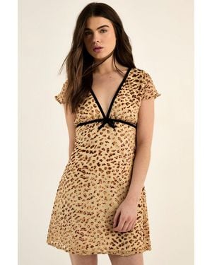 Nasty Gal Animal Devore Ribbon Trim Cap Sleeve Mini Dress - Natural