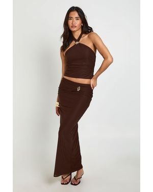 Boohoo Sheer Ruched Belt Trim Detail Maxi Skirt - Brown