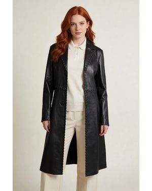 Wallis Faux Leather Overstitch Trim Coat - Black