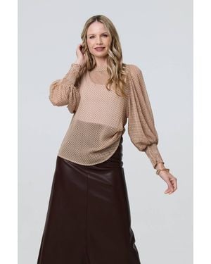 Izabel London Mesh Fishnet Long Puff Sleeve Top - Natural