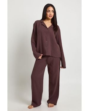 Boohoo Muslin Long Sleeve Shirt & Trouser Pyjama Set - Red