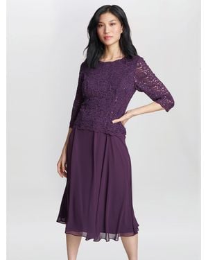 Gina Bacconi Rona Midi-Length Dress With Lace Bodice & Chd31:E31Iffon Skirt - Purple