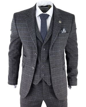 TruClothing Check 3 Piece Tweed Suit Peaky Blinders 1920S Gatsby Tailored Fit Canvas - Blue