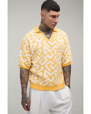 BoohooMAN Tall Oversized Boxy Abstract Jacquard Knitted Polo - Metallic