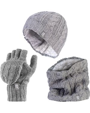 Heat Holders Thermal Winter Fleece Hat, Neck Warmer And Converter Gloves Set - Grey