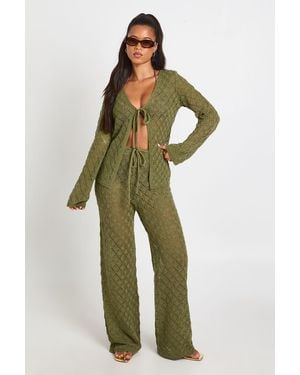 Boohoo Crochet Knit Tie Front Cardigan And Wide Leg Trouser Co-Ord - Green