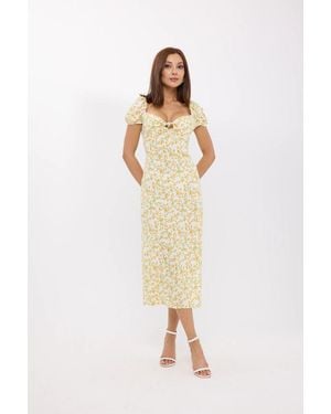 Hiccup Floral Off Shoulder Side Slit Midi Dress - Natural