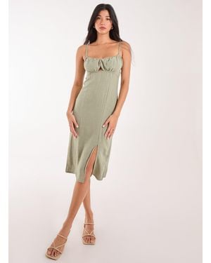 Pink Vanilla Ruched Linen Style Midi Dress - White