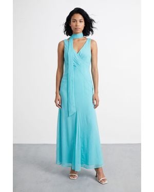 Warehouse V Neck Scarf Detail Maxi Dress - Blue