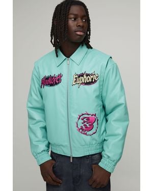 BoohooMAN Boxy Fit Euphoric Graphic Pu Applique Varsity Jacket - Green