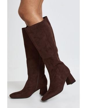 Boohoo Wide Fit Flared Block Heel Knee High Boots - Brown