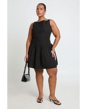 Boohoo Plus Boat Neck Button Down Detail Skater Mini Dress - Black