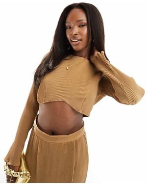 In The Style Plisse Crop Top Co-Ord - Brown