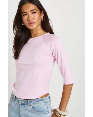 Boohoo Slub 3/4 Sleeve Curved Hem Top - Pink