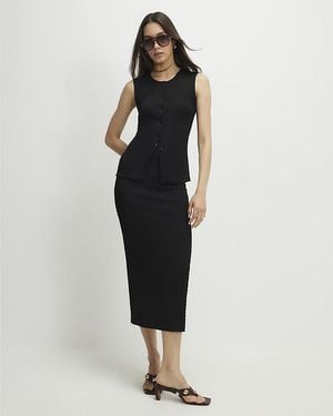 River Island Midi Skirt Textured Elasticated Waist - Black