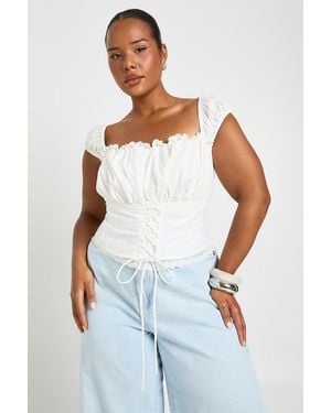 Boohoo Plus Lace Up Front Ruched Bust Top - White