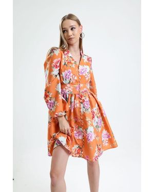 Msn-Collection Frilly Floral V-Neck Mini Dress - Orange