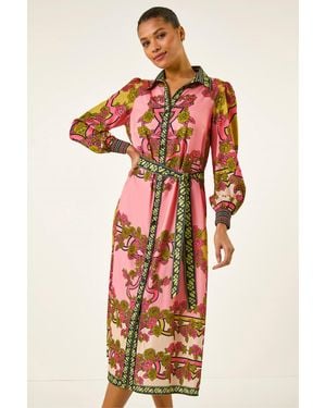 Roman Floral Print Border Shirt Midi Dress - Red
