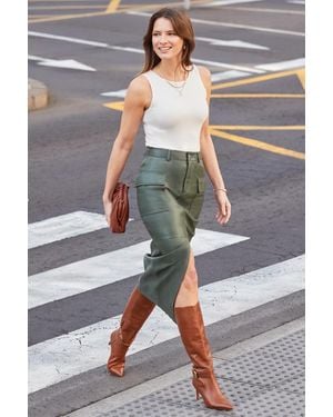Sosandar Khaki Leather Utility Pencil Skirt - Grey