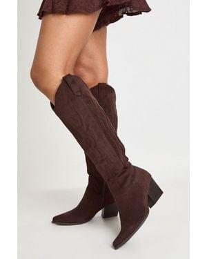 Boohoo Knee High Embroidered Western Boots - Brown