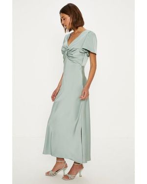 Oasis Satin Twist Front Angel Sleeve Midi Bridesmaids Dress - White
