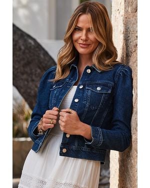 Sosandar Dark Puff Sleeve Denim Jacket - Blue