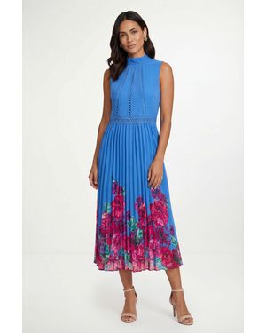 Wallis Petite Floral Lace Insert Pleated Midi Dress - Blue