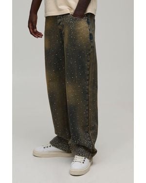 BoohooMAN Clustered Rhinestone Tinted Relaxed Fit Jeans - Green