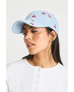 Boohoo Embroidered Cherry Print Denim Cap - Blue