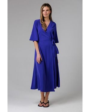 French Connection V- Neck Bell Sleeve Wrap Tie Crepe Midi Dress - Blue