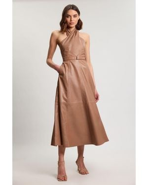 Karen Millen Leather Cross Halter Neck Midi Dress - Natural