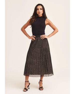 Gini London Animal Print Mesh Overlay Pleated Midi Skirt - Black
