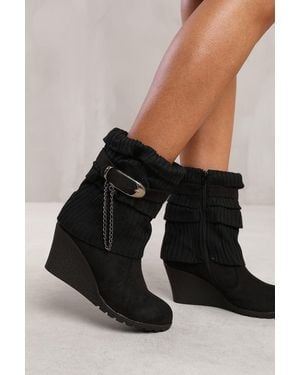 Where's That From Wheres 'Tilda' Wedge Heel Slouchy Ankle Boots With Knitted Collar - Black