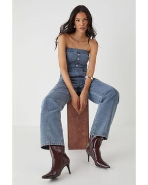 MissPap Bandeau Button Up Denim Jumpsuit - Blue