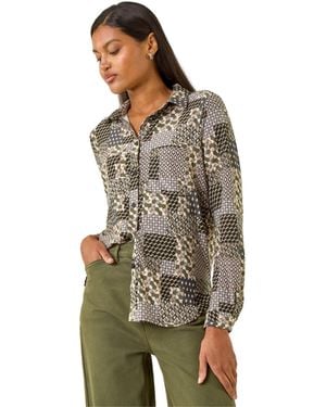 Roman Patchwork Print Stretch Top - Green